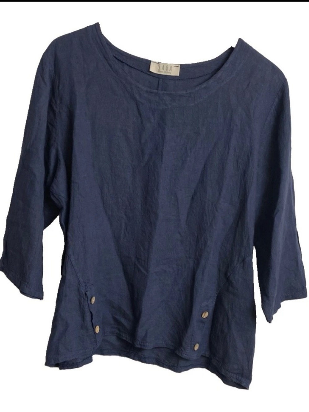 Saga Made in Italy Blue Linen Top Button Detail One Size Lagenlook  3/4 Sleeves